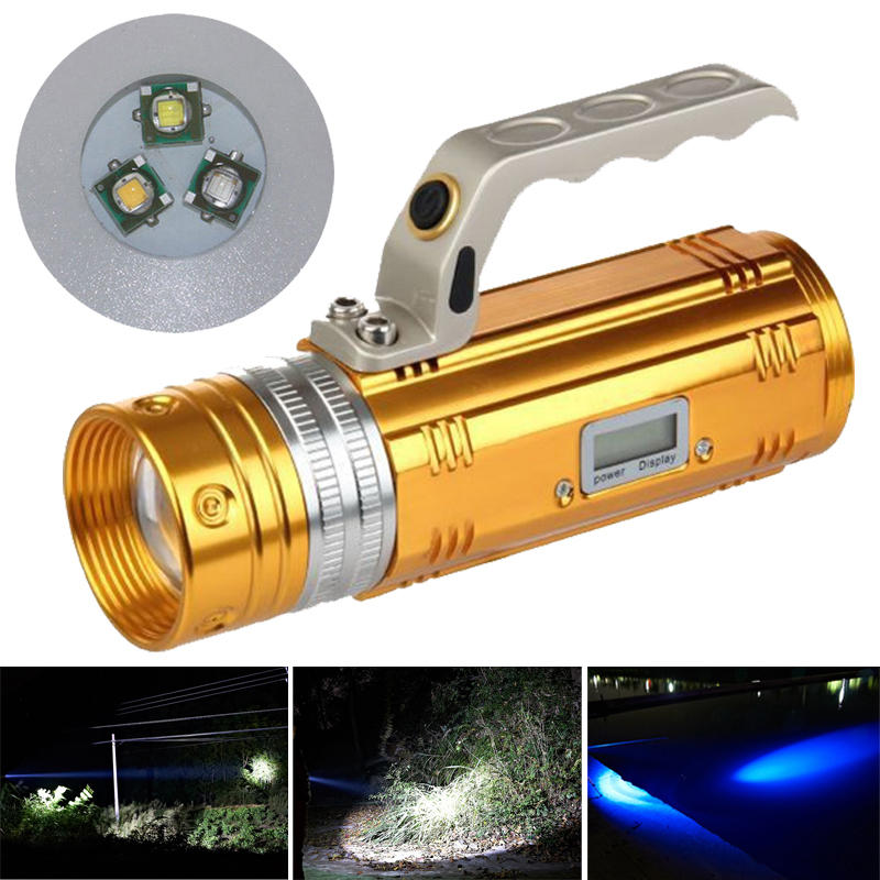 450LM 3 Color LEDs 200-300m Range Zoomable Rechargeable Fishing Flashlight With LCD Charger