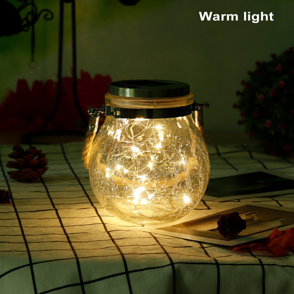 Hanging Solar Powered Crackle Glass Jar Lamp Lantern String Fairy Light Romantic Indoor Outdoor Decoration