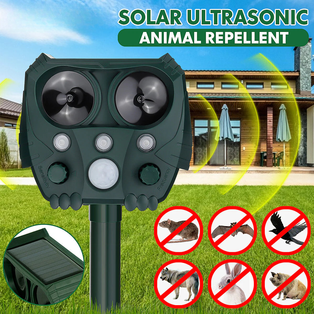 Ultrasonic Solar Battery Cat Dog Pest Repeller Scarer Deterrent Repellent Animal Repeller