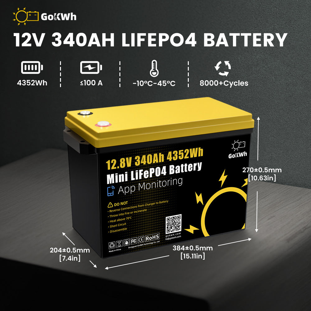 12V 340AH Vehicle Storage Box 4352Wh Mini LiFePO4 Battery Built-in 200A Bluetooth BMS