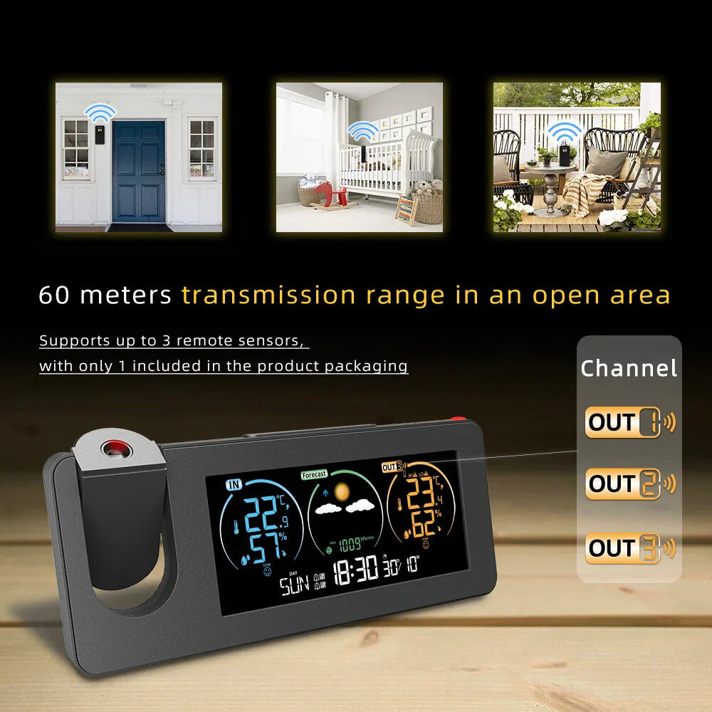 Weather Station Projection Alarm Clock Wireless Indoor Outdoor Thermometer with Atomic Clock and Rotating Projector Forecast Station with Calendar