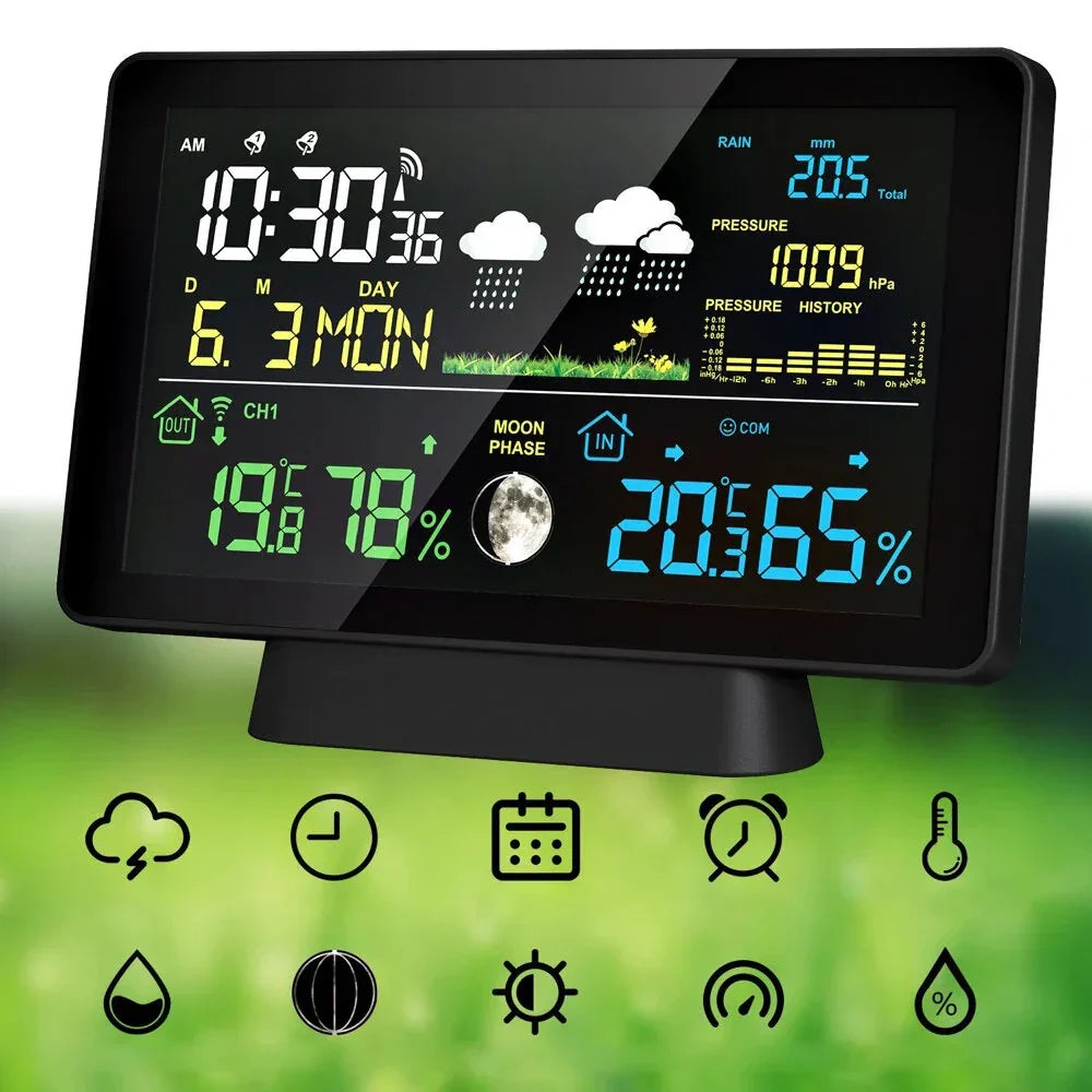 Multi-Function Wireless Weather Station - Indoor/Outdoor Thermometer with Rain Gauge, Humidity, Pressure & Color Screen Alarm Clock