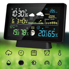 Multi-Function Wireless Weather Station - Indoor/Outdoor Thermometer with Rain Gauge, Humidity, Pressure & Color Screen Alarm Clock