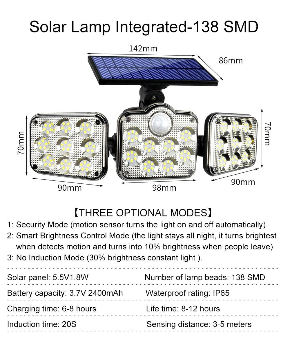 Solar Lights Outdoor 171COB 108/122/138LEDs Motion Sensor Light 3 Head Remote Control Wall Light 270 Wide Angle Flood Light for Garden