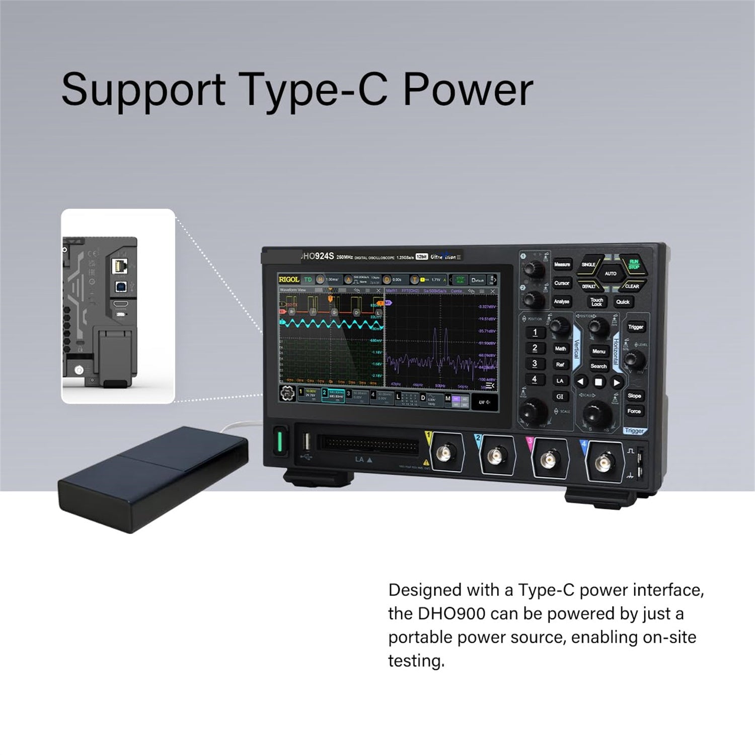 125MHz Digital Oscilloscope, 4 Channels, 12-Bit Resolution, 1.25GSa/s & Built-In Signal Generator