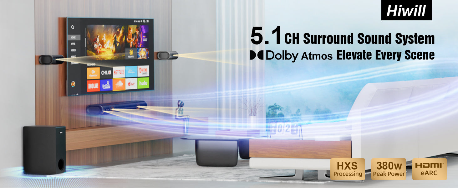 Dolby Atmos Soundbar 380W 5.1CH Soundbar with 5.25'' Subwoofer 2 Rear Speakers Wired Surround Sound System eARC ARC Optical Connection Compact bluetooth Speaker Soundbar