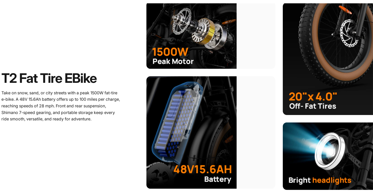 Electric Bike 48V 15.6AH 250W(Peak 1500W) Motor Recommended Top Speed 25KM/H 20inch Fat Tire 160KM Max Mileage 120KG Max Load Electric Bicycle