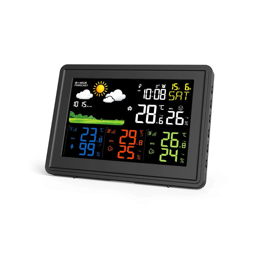 Weather Station Alarm Clock Wireless Indoor Outdoor Thermometer with Atomic Clock Forecast Station 3 Outdoor Sensors