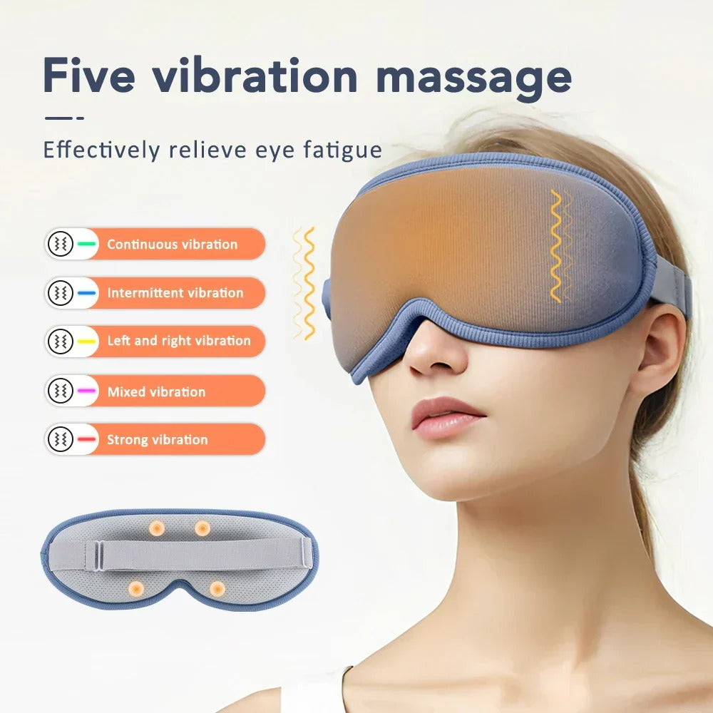Heated 3D Sleep Eye Mask with Vibration, Hot Compress, Adjustable Temperature, Reduces Dark Circles & Puffiness - Blue
