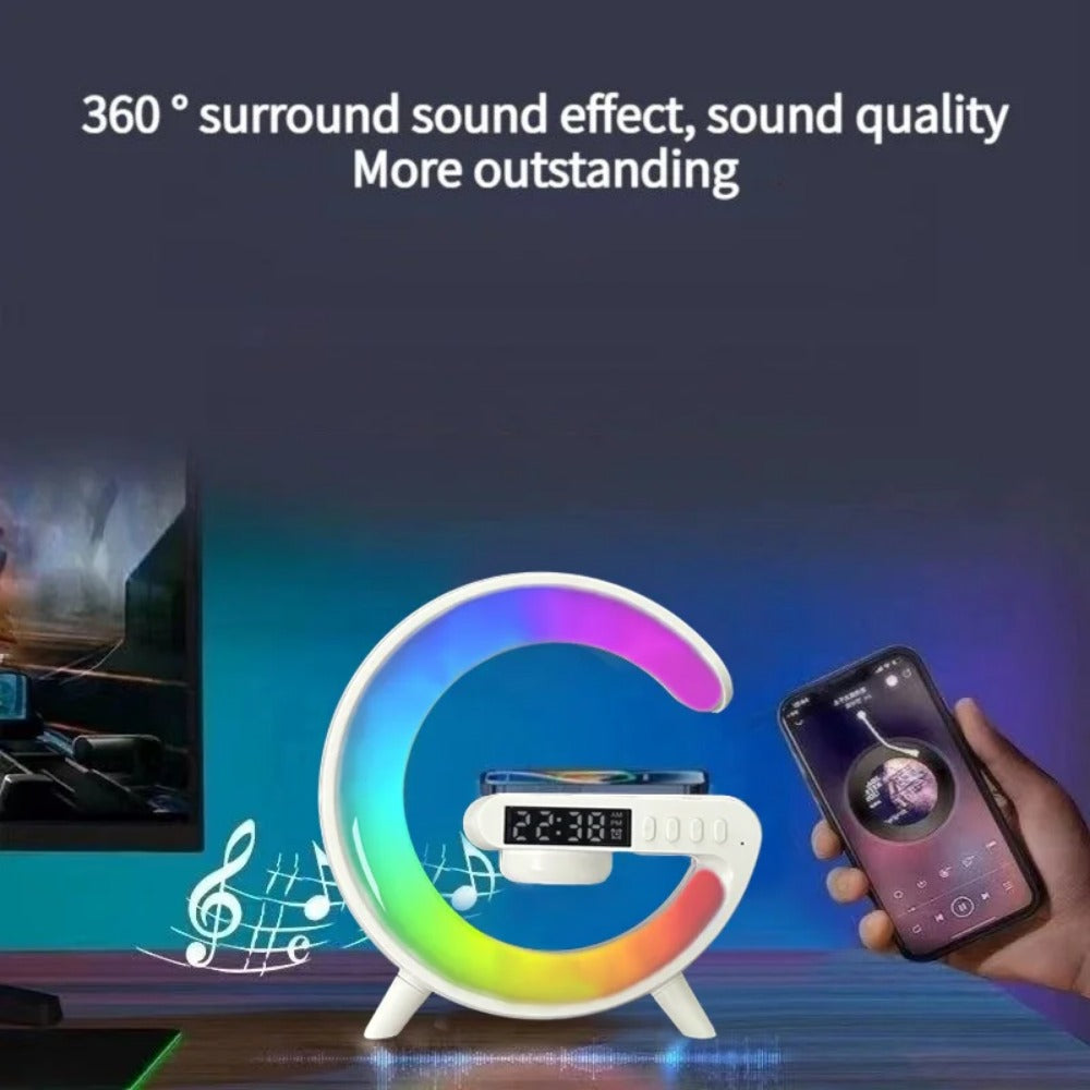 15W Fast Wireless Charging Bedside Lamp with Bluetooth Speaker, 9 Light Modes, AUX & TF Card Support, Mini Size