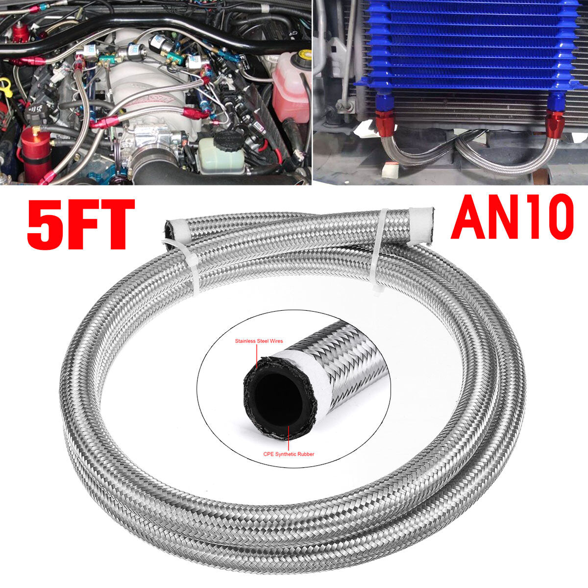 5FT AN4 AN6 AN8 AN10 Fuel Hose Oil Gas Line Pipe Stainless Steel Braided Silver