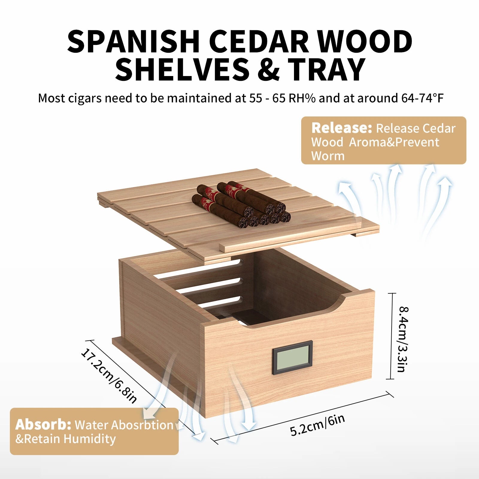 8L Electric Cigar Humidor, Quiet Heating & Cooling, Spanish Cedar Shelves, Drawer & Hygrometer