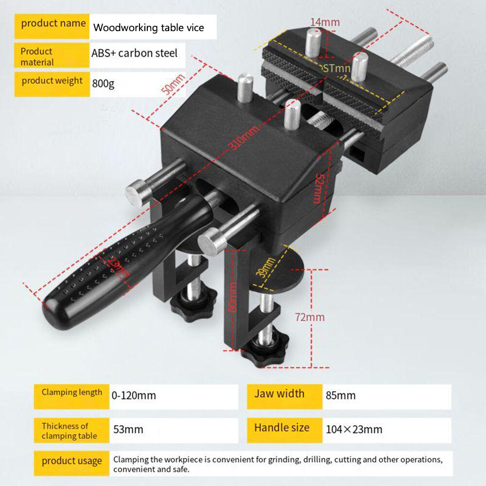 Versatile ABS Workbench Vise with V-Trough Clamp, 4 Columns, Elongated Base, 10-53mm Clamping Range, 85mm Jaw Width