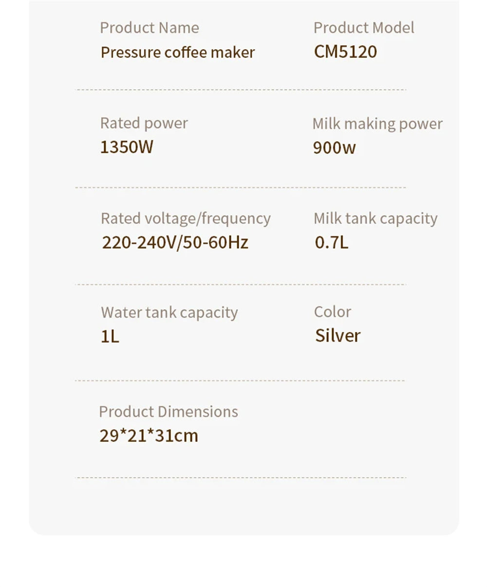 20Bar Semi-Automatic Coffee Machine with Auto Milk Frother One-Touch Operation for Espresso Cappuccino Latte