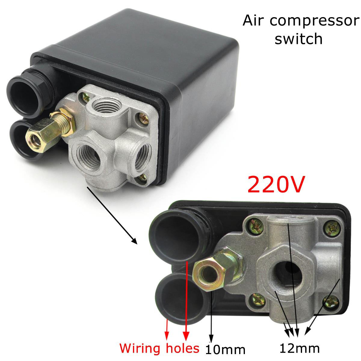 220V 1/4inch BSP 4 Port Single Phase Air Compressor Pressure Switch with Safety Valve Gauge