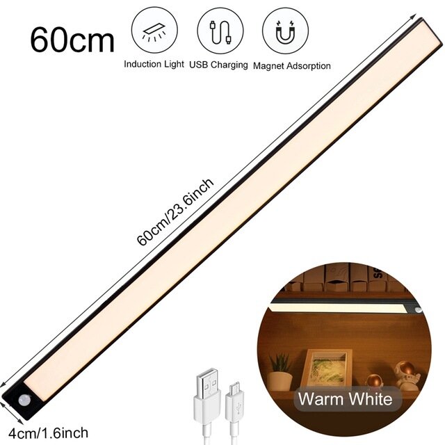 20/40/60CM Body Sensing Small Night Light USB Charging Lamp LED Portable Strip Light for Bedroom Wardrobe Bookcase Stairs
