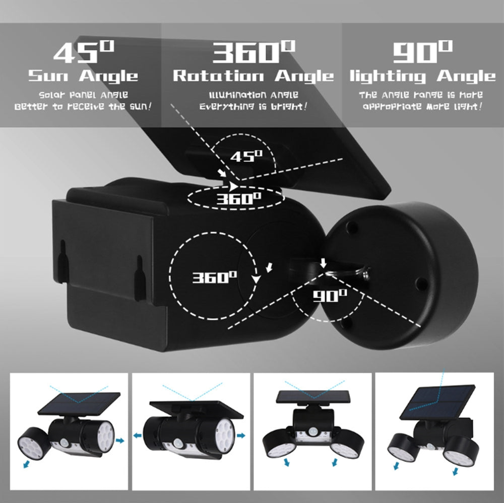 Solar Power 30 LED Rotatable Dual Head PIR Motion Sensor Wall Light Waterproof Outdoor Security Lamp