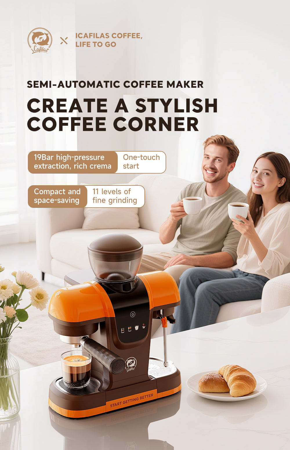 Semi Automatic Espresso Coffee Machine 19Bar with Built-in Grinder Pre-infusion System High-pressure Extraction Touch Panel Control