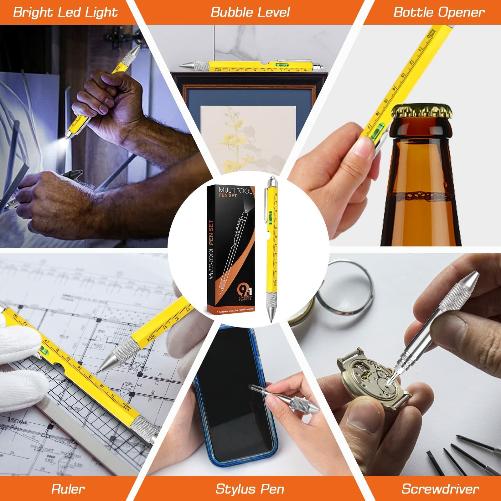 9-in-1 Multi-Tool Pen: Ballpoint, Screwdrivers, Stylus, LED Light, Ruler & More - Perfect Gift for Men & Women