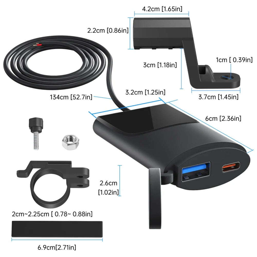 Dual Fast Charging USB Charger for Motorcycles, 30W USB-C & 18W USB-A, Safe, Portable, Easy Installation, Black