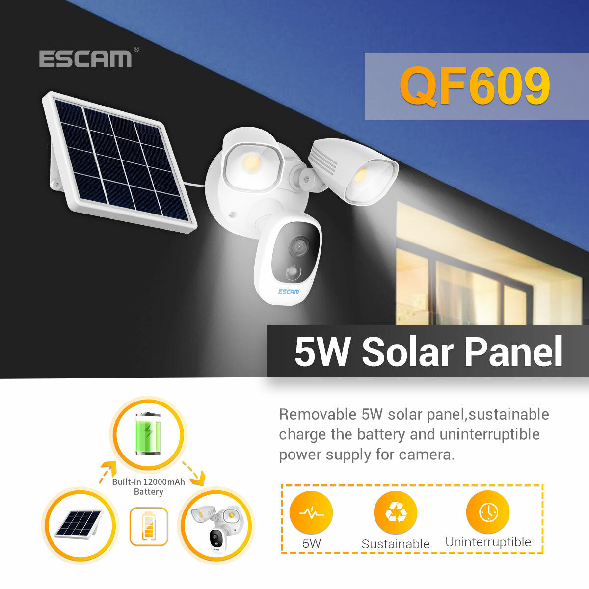 Solar Powered Floodlight 1080P Wireless Battery 1000LM Floodlight Cloud Storage Camera