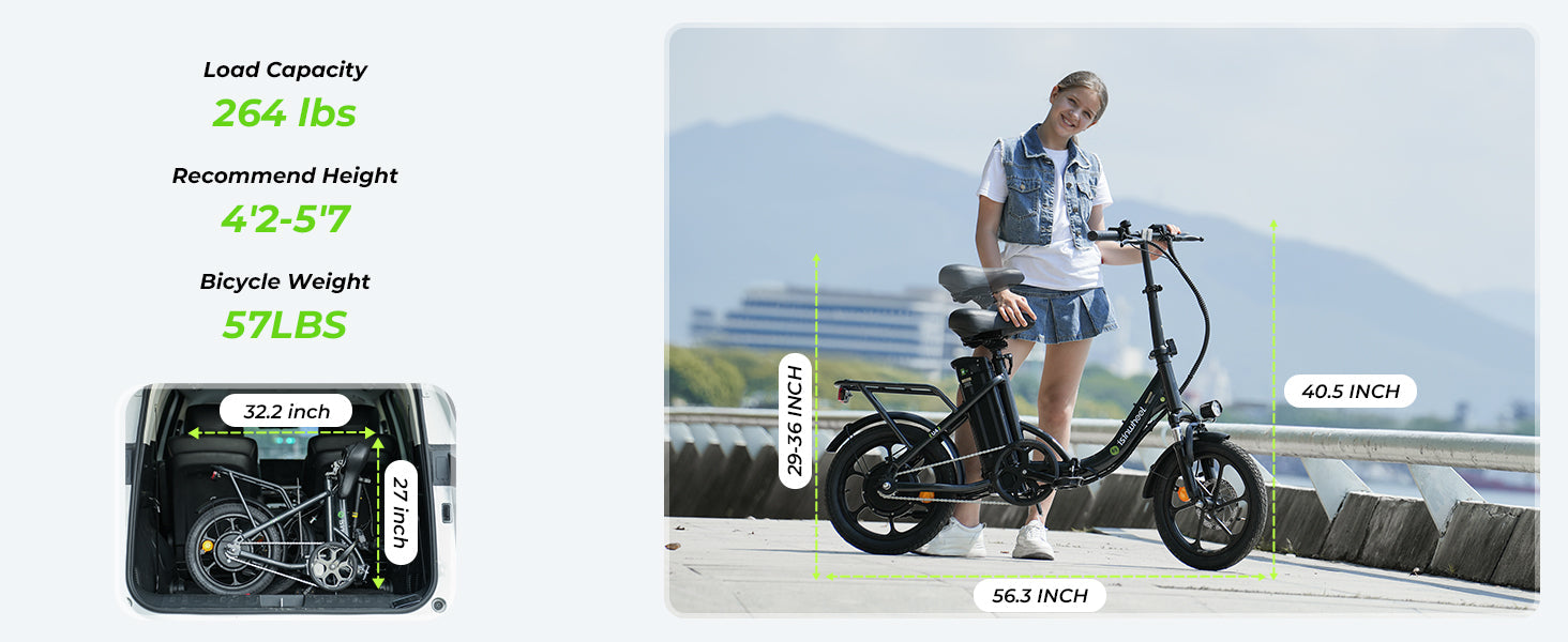 Electric Bike 36V 10.4AH 250W(Peak 500W) Motor Recommended Top Speed 25KM/H 16inch Tire 55-88KM Max Mileage 120KG Max Load