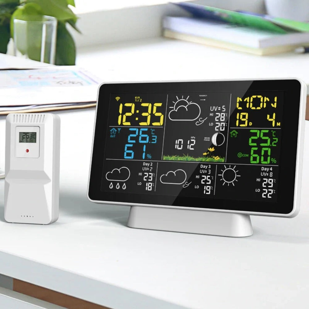 Wifi Wireless Weather Station Alarm Clock With 7.5 Inch Display / Atomic Clock / Weather Forecast / Outdoor Thermometer / Air Pressure / Moon Phase
