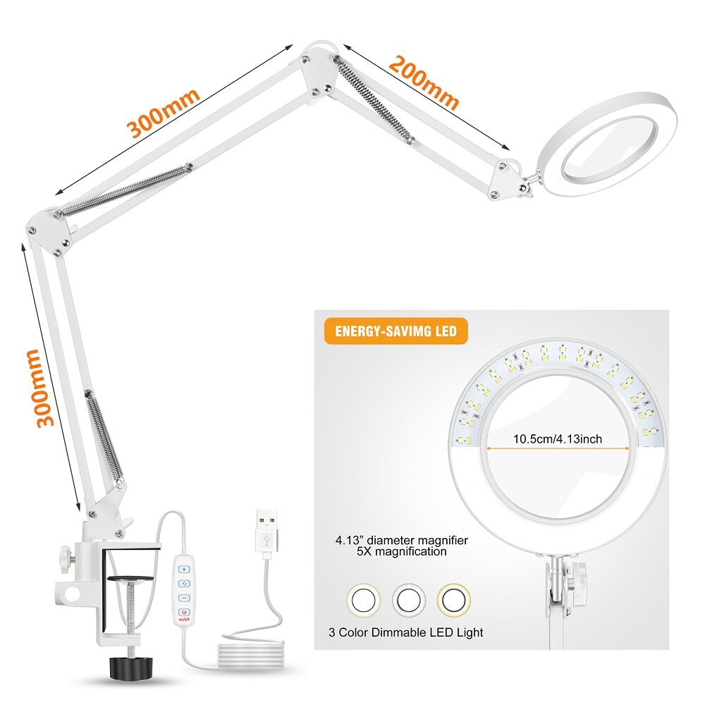 Welding Magnifying Glass LED Table Desk Lamp Three-Section Folding Handle Magnifier for Nail Repair Lighting Read