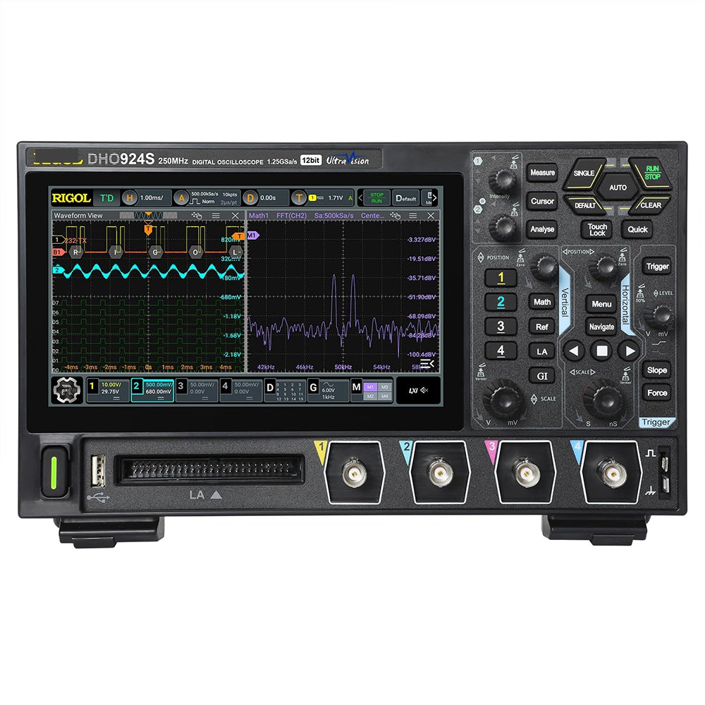 250MHz Digital Oscilloscope, 4 Channels, 12-Bit Resolution, 1.25GSa/s, HD Display & Built-In Signal Generator