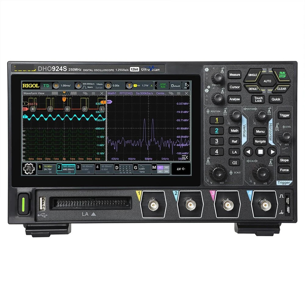 250MHz Digital Oscilloscope, 4 Channels, 12-Bit Resolution, 1.25GSa/s, HD Display & Built-In Signal Generator