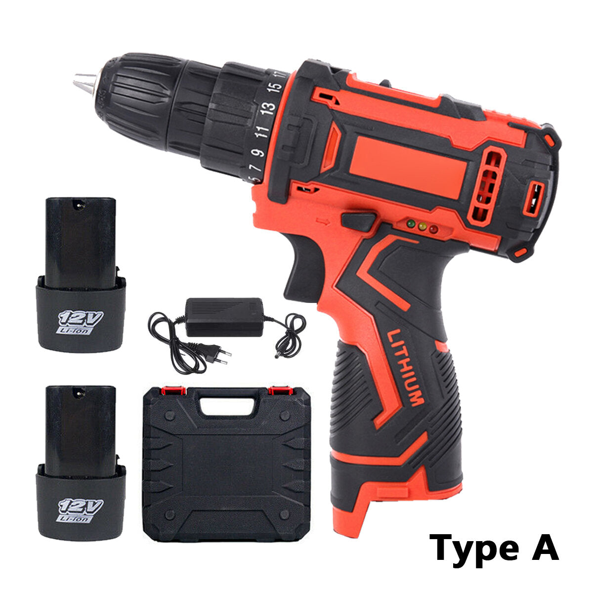 12V Electric Drill Cordless Wireless Rechargeable Electric Screwdriver Drill Set LED W/ 1/2 Batteries Wood Metal Plastic Drilling Tool