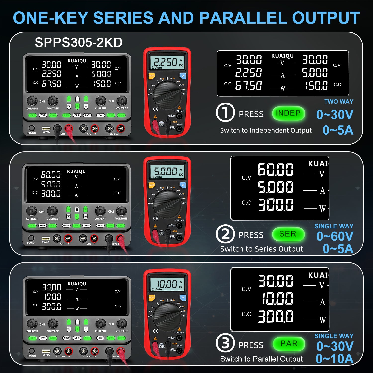 2KD Series Regulated Power Supply 30V 10A Adjustable Voltage Current Precision High Resolution USB RS232 RS485 Interface Compact Lightweight Design