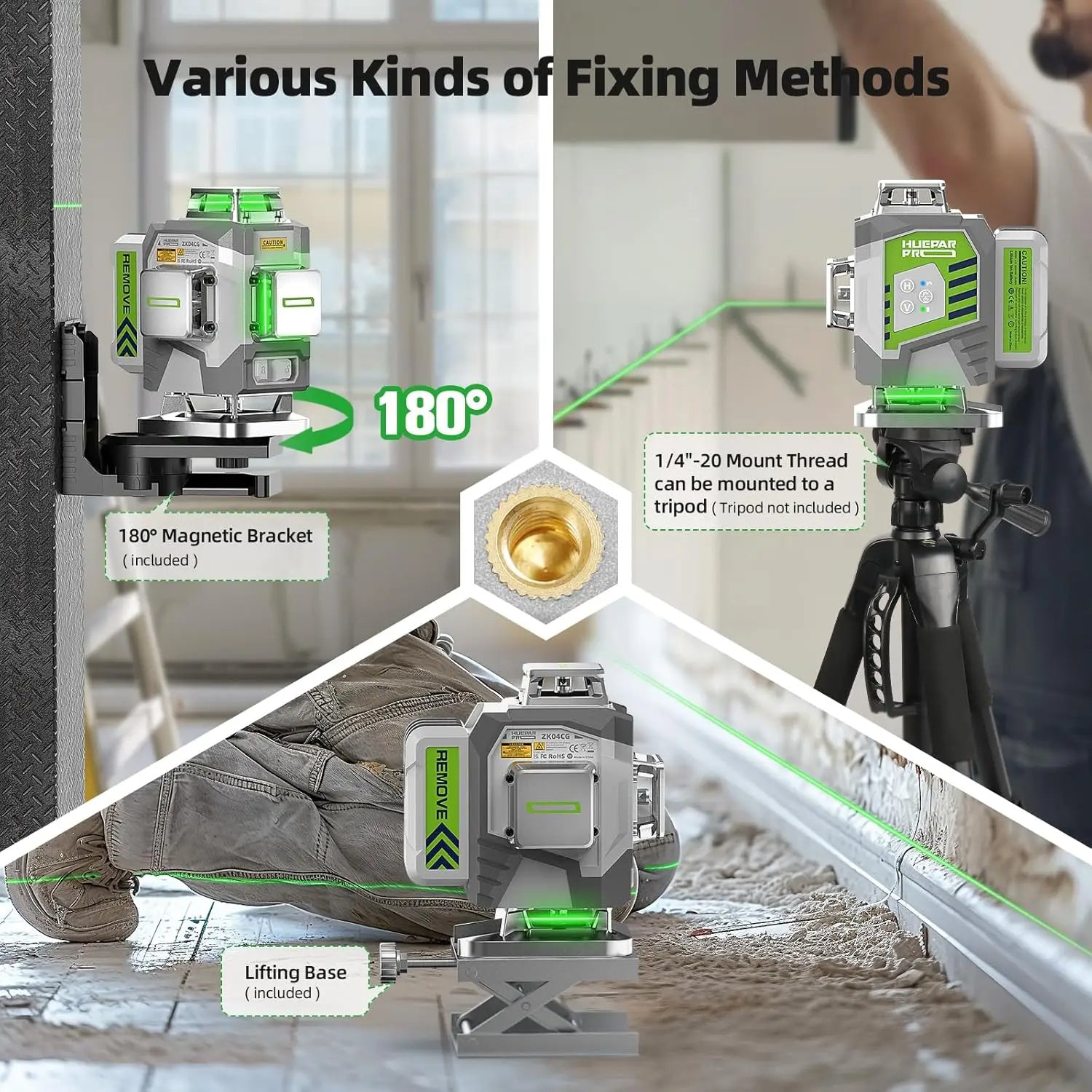 4D 16-Line Green Laser Level, 4x360° Self-Leveling, ±2mm/10m Accuracy, 8000mAh Battery, IP54, USB-C & Remote Control