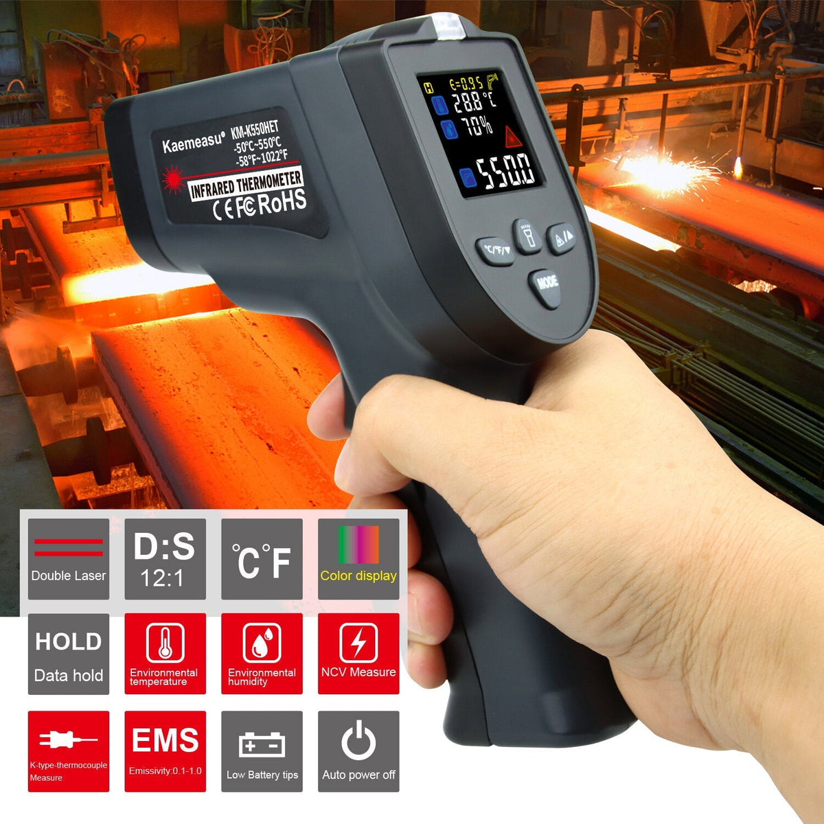 Upgraded -50~550 Non-contact Dual Laser Infrared Thermometer with K-type Thermocouple