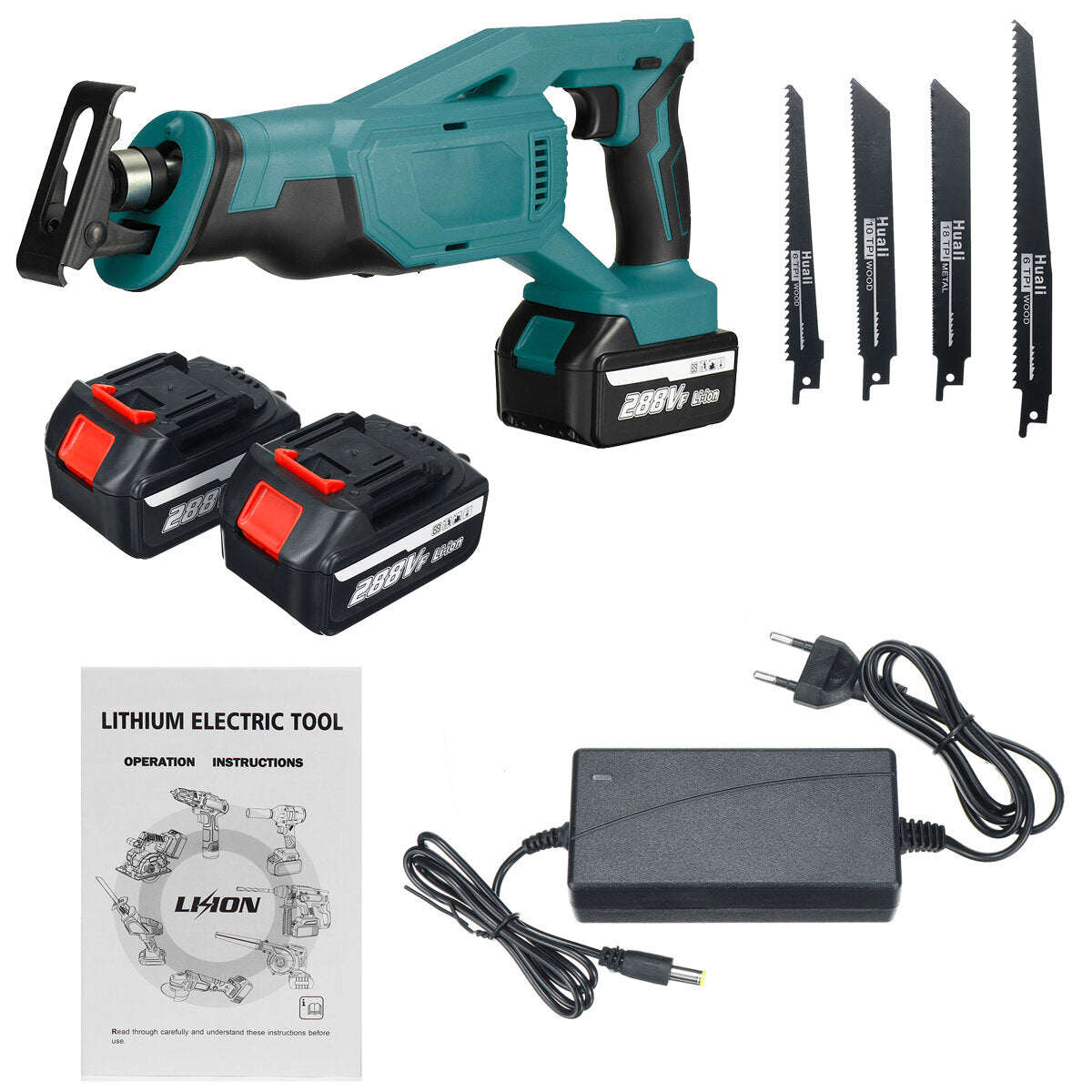 Cordless Reciprocating Saw Rechargeable Electric Recip Sabre Saw W/ 4pcs Blade & 2pcs Battery Wood Metal Plastic Sawing Tool