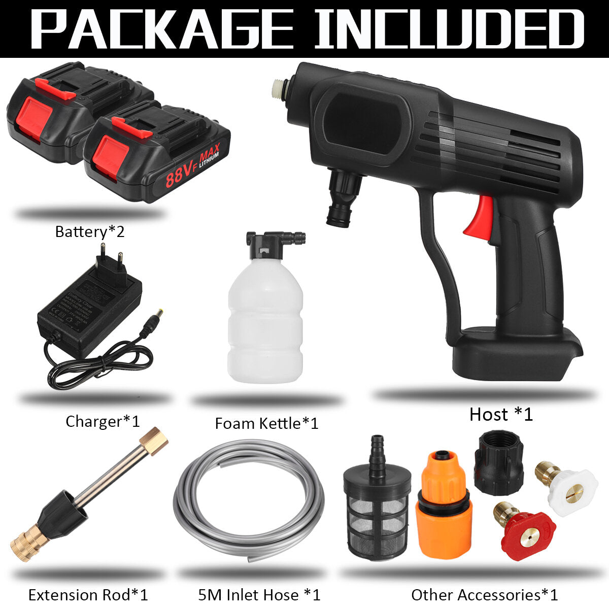 1500W 60Bar High Pressure Cordless Car Washer Spray Guns Water Cleaner 88VF Battery