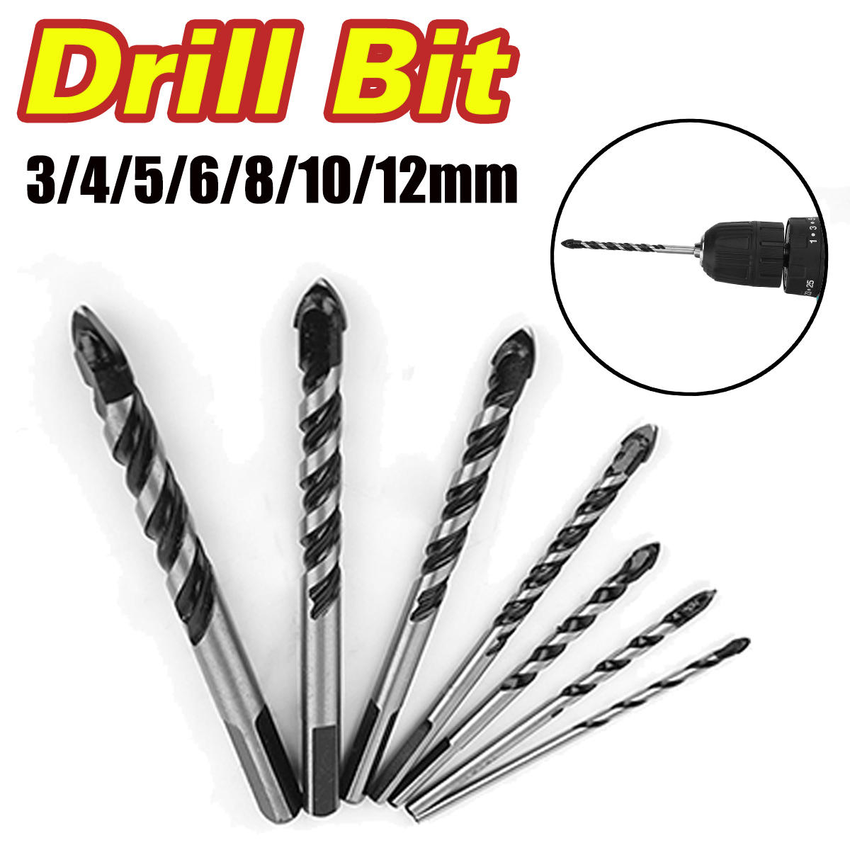 3/4/5/6/8/10/12mm Triangle Twist Drill Bit Concrete Glass Ceramic Tile Marble Drill Bit Pack7