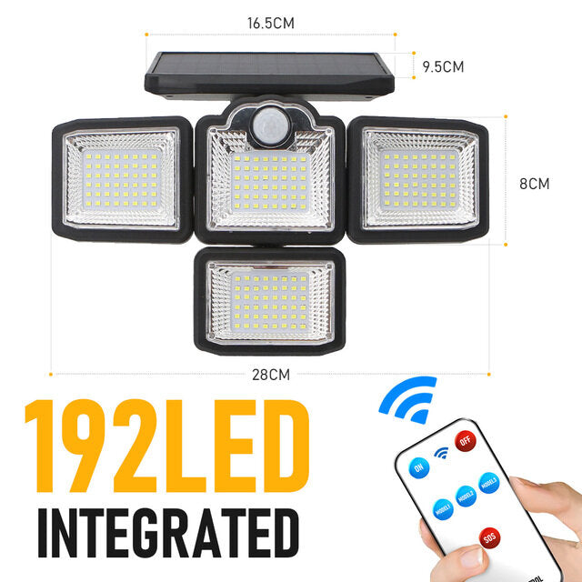 192/198 LED COB Outdoor Solar Lights 4 Head Motion Sensor 270 Wide Angle Lighting Waterproof Remote Control Solar Garden Wall Lamp