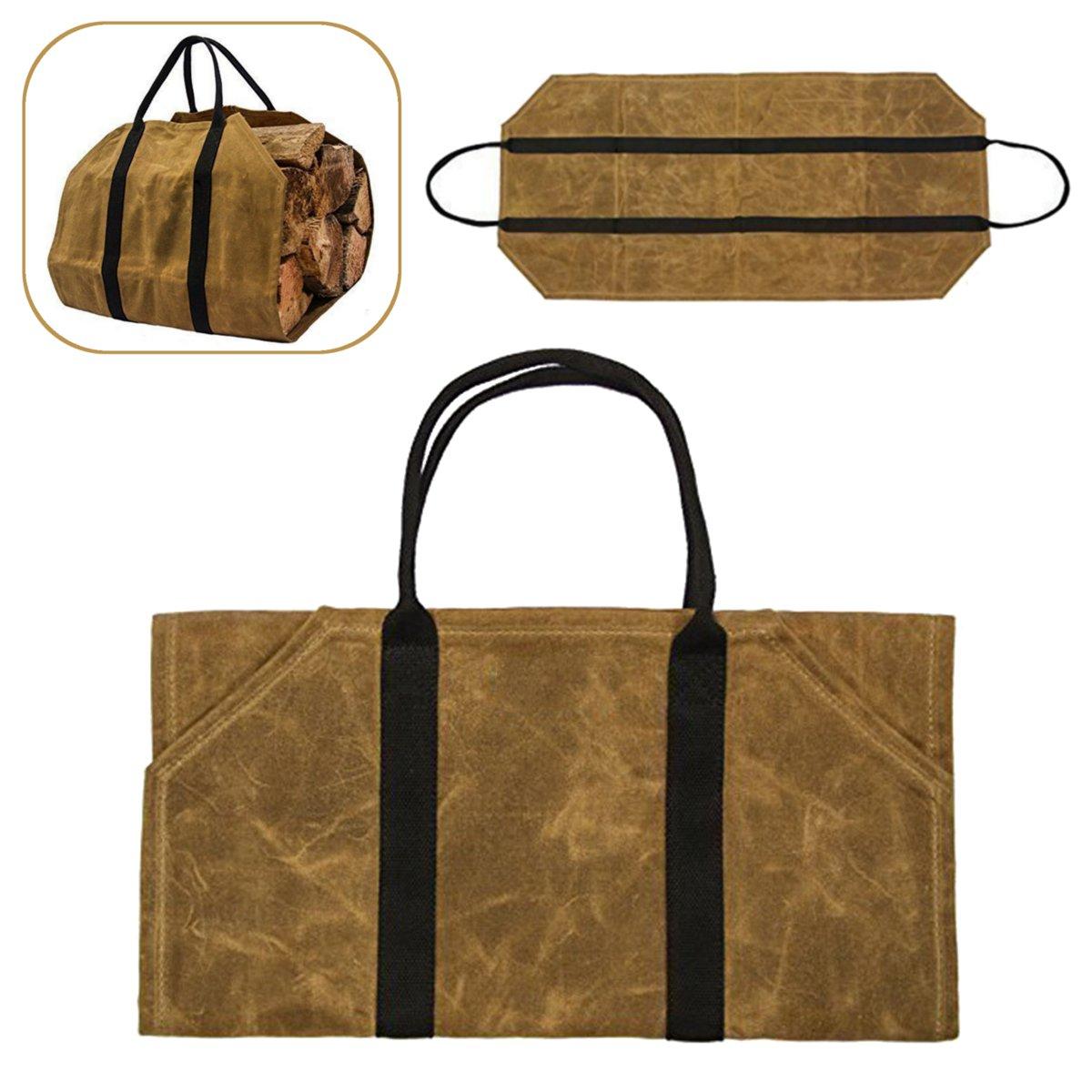 khaki Firewood Carrier Log Carrier Wood Carrying Tool Bag for Fireplace Waxed Canvas