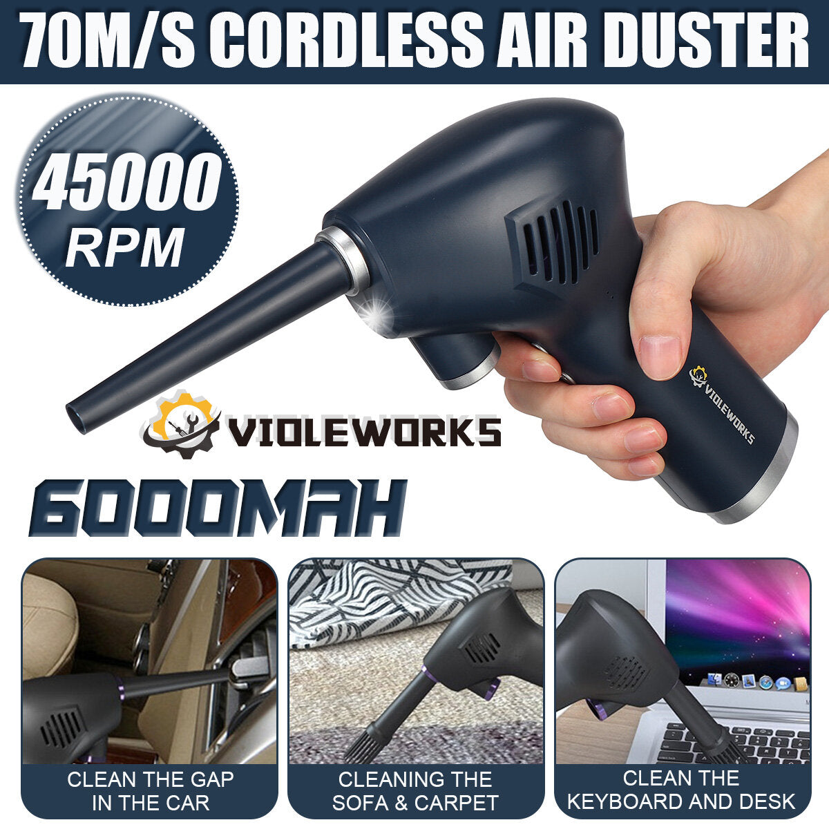 45000RPM Cordless Air Duster Air Blower High Pressure Cleaner for Computer Car Cleaning Tool