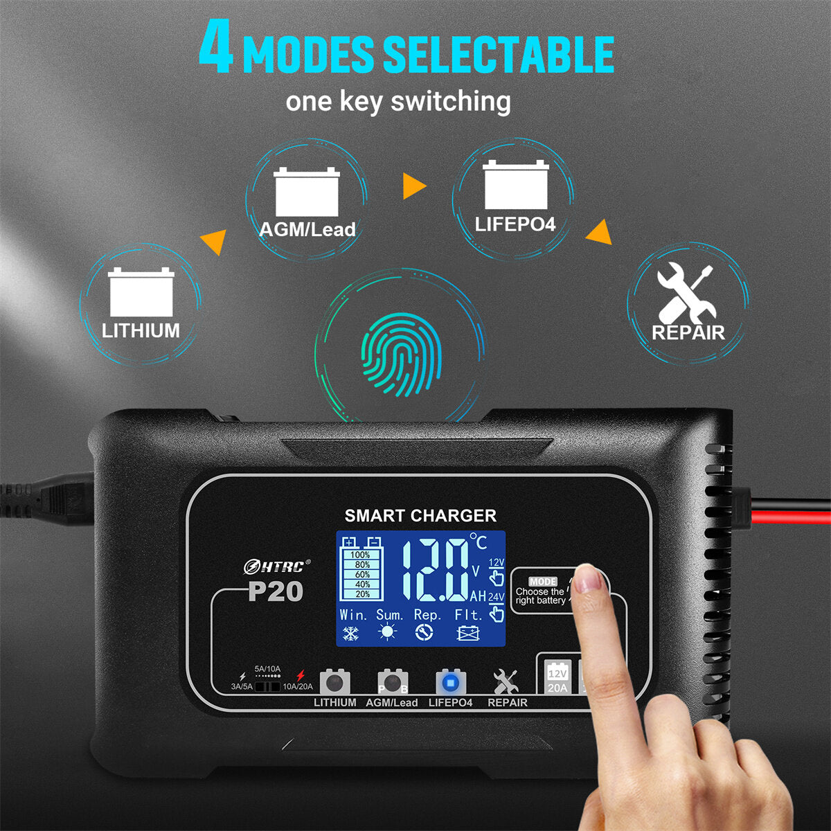 20A P20 12V-24V Smart Battery Charger For Car Motorcycle Battery Repair Charging For Auto Moto Lead Acid AGM Lithium LiFePo4 Batteries
