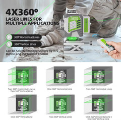 4D 16-Line Green Laser Level, 4x360° Self-Leveling, ±2mm/10m Accuracy, 8000mAh Battery, IP54, USB-C & Remote Control