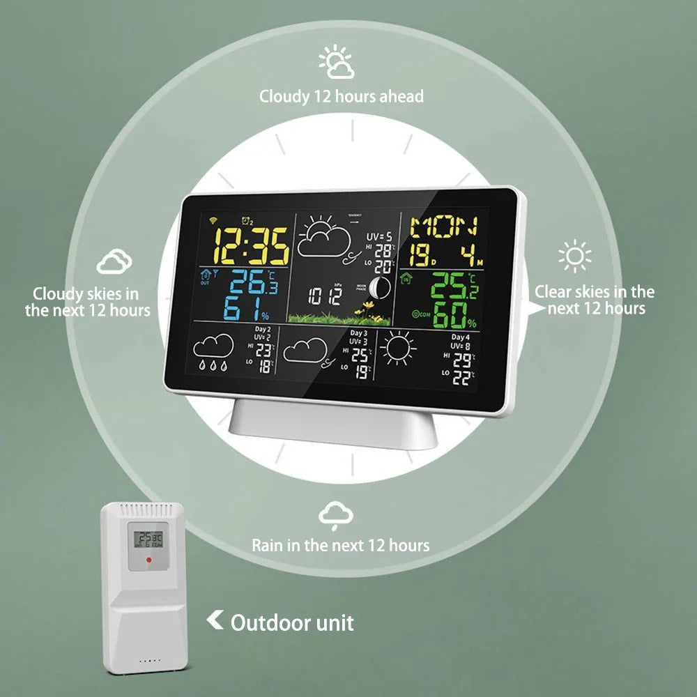 Wifi Wireless Weather Station Alarm Clock With 7.5 Inch Display / Atomic Clock / Weather Forecast / Outdoor Thermometer / Air Pressure / Moon Phase