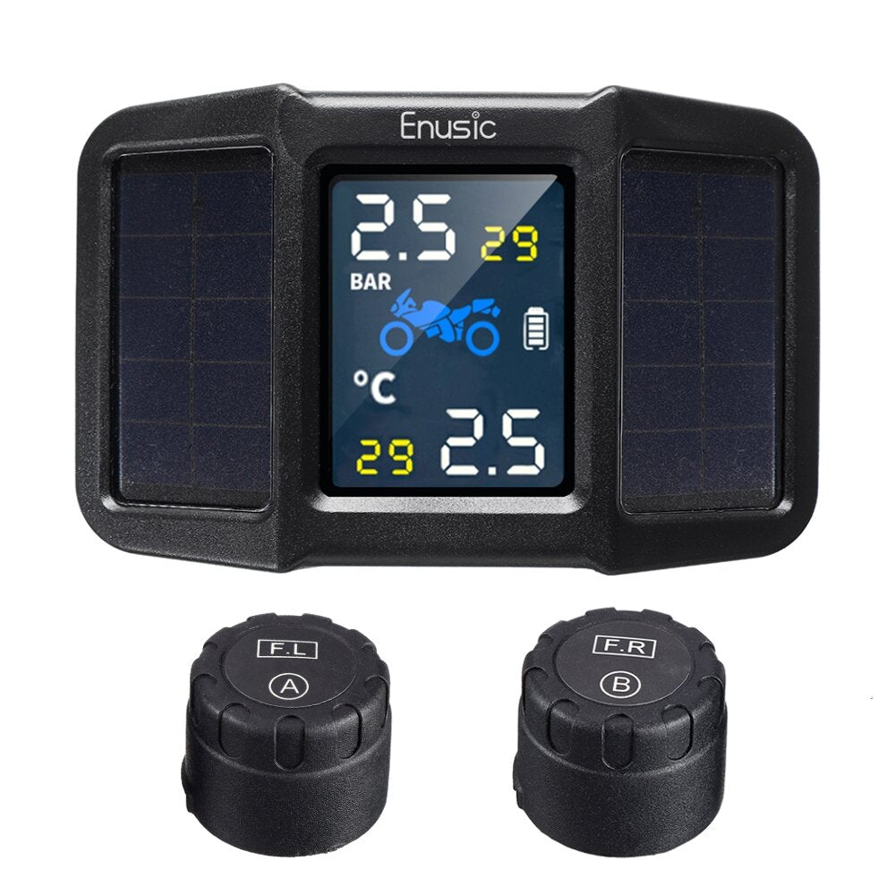 Solar Power + USB TPMS Waterproof LCD Display Motorcycle Real Time Tire Pressure Monitor System Wireless WI External Sensor