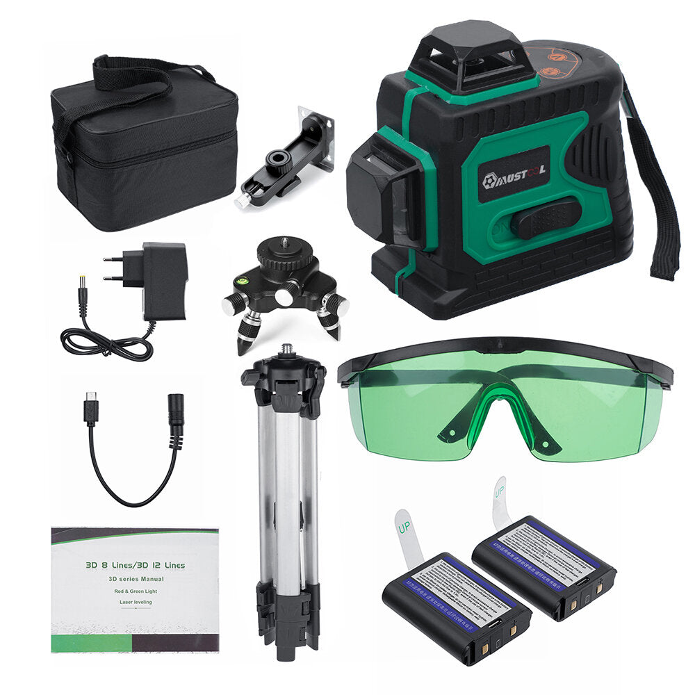 3D Green Auto Laser Level 12 Lines 360 Horizontal & Vertical Cross Build Tool Measuring Tools with 2 Batteries