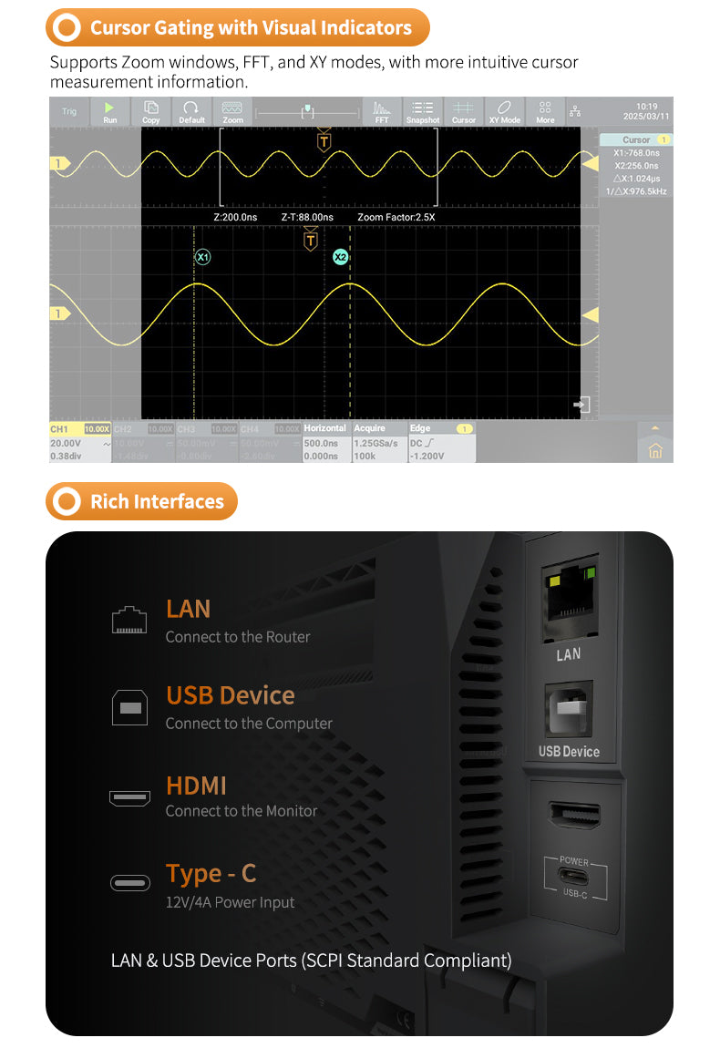 Digital Oscilloscope 70MHz 4Channel 1.25GSa/s 12-bit Vertical Resolution High Res Waveform Capture 50M Memory Depth