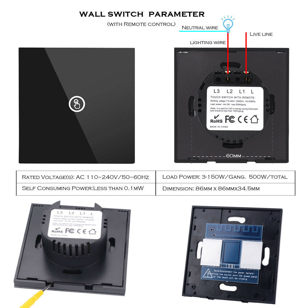 White 1gang Smart Wireless Touch Switch Light 433MHZ RF Remote Control Glass Screen Wall Panel 110V 220V LED Lamp