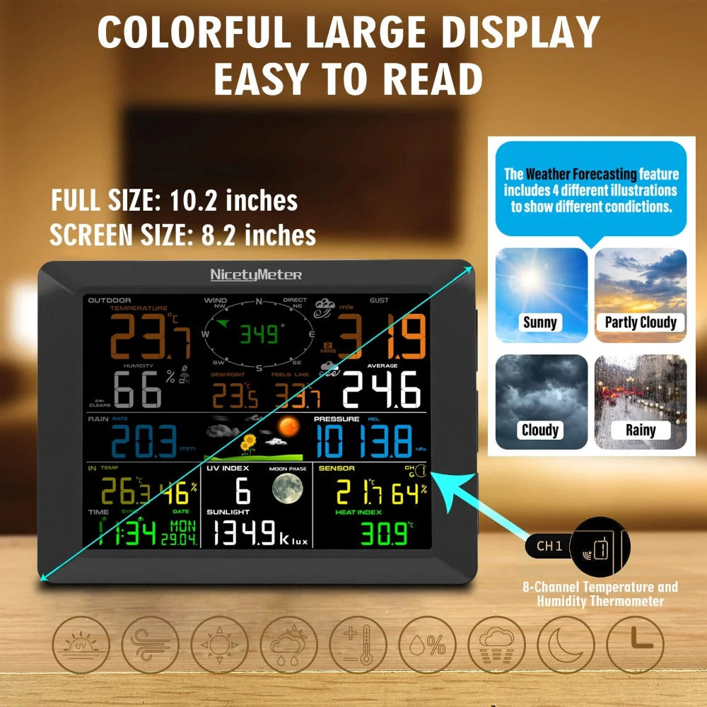 7-in-1 WiFi Weather Station with Outdoor Sensor - Temp/Humidity/Pressure/Wind/Rain/Moon Forecast, Wireless Indoor Clock