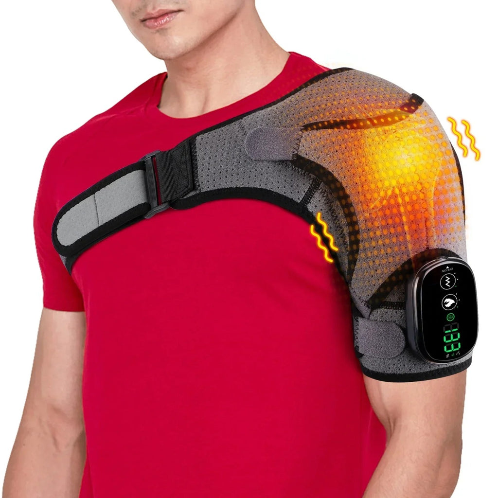 3-Speed Heating & Vibration Massage Shoulder Pad, 5000mAh Battery, Portable Neck & Shoulder Relaxation, Gray/Black