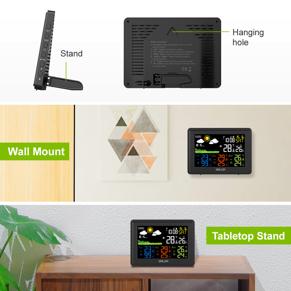 Weather Station Alarm Clock Wireless Indoor Outdoor Thermometer with Atomic Clock Forecast Station 3 Outdoor Sensors